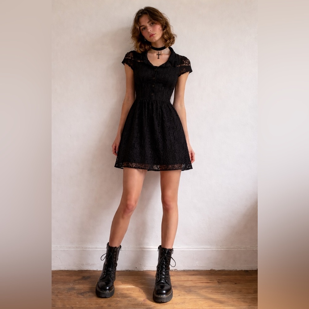 Black Whimsigoth Lace Mini Dress Sheer Small Y2K Dark Fairycore VTG 2000s